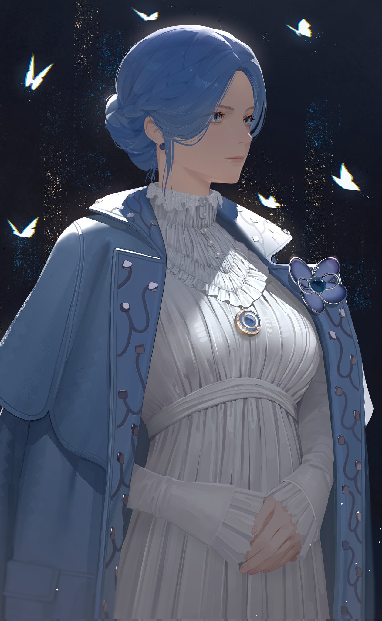 1girl, blue_coat, blue_eyes, blue_hair, bug, butterfly, closed_mouth, coat, commentary, dress, drid, english_commentary, eyelashes, highres, lies_of_p, looking_ahead, open_clothes, open_coat, own_hands_together, solo, sophia_monad, standing, white_butterfly, white_dress