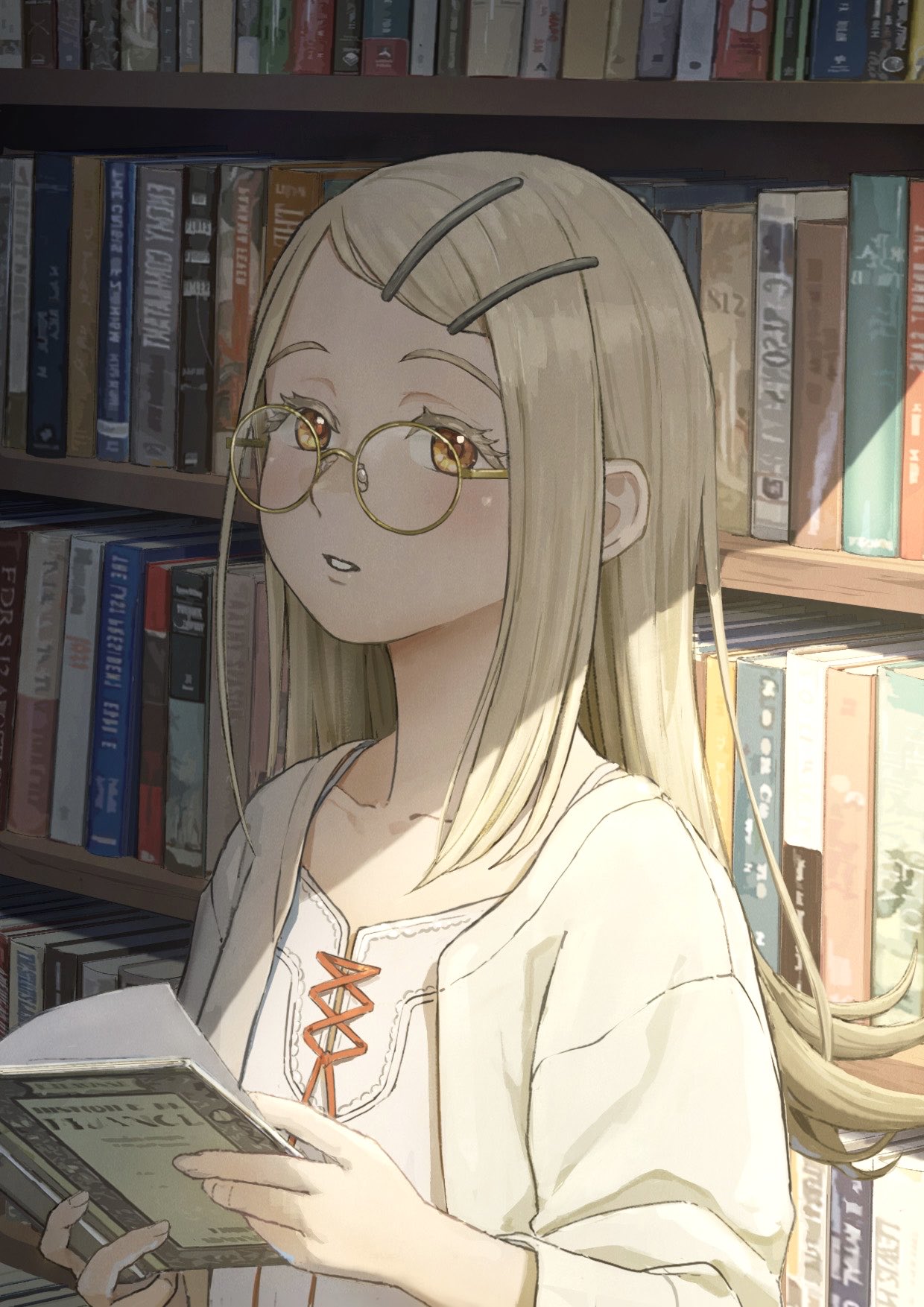 1girl, blonde_hair, book, bookshelf, camisole, coat, collarbone, colored_eyelashes