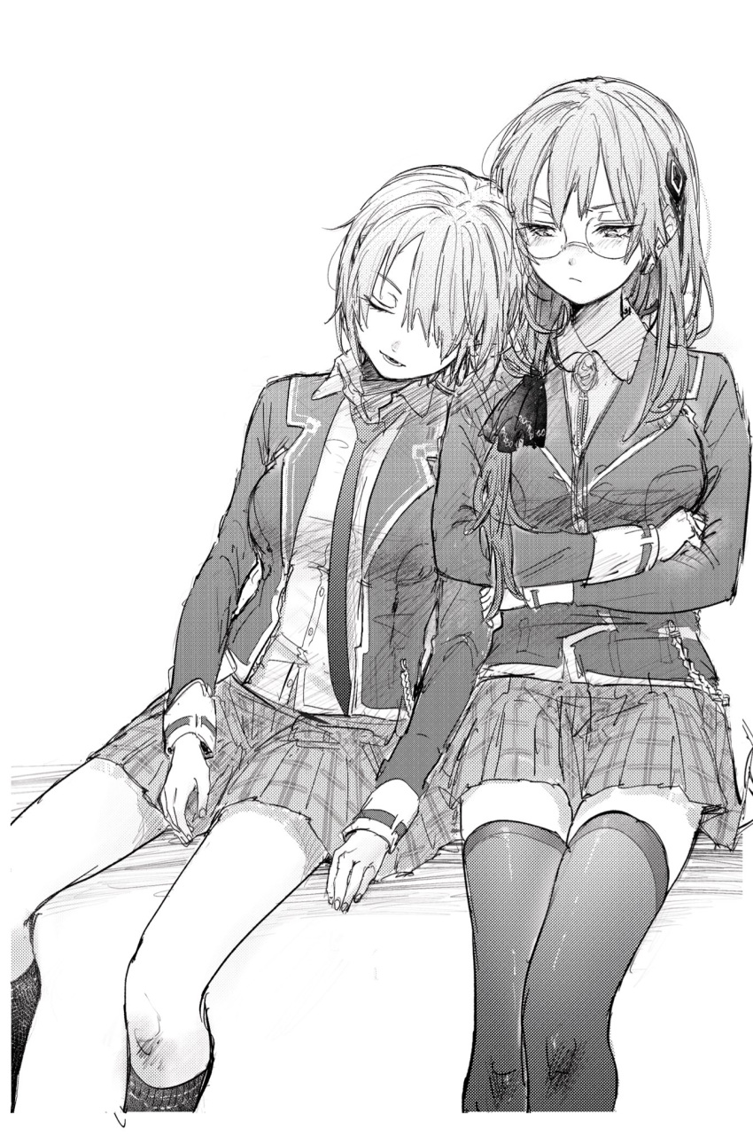 2girls, blazer, breasts, closed_eyes, closed_mouth, collared_shirt, crossed_arms, glasses, hair_ornament, hair_over_one_eye, heaven_burns_red, highres, izumi_yuki_(heaven_burns_red), jacket, kayamori_ruka, kneehighs, kulfiq, leaning_on_person, long_hair, long_sleeves, multiple_girls, necktie, open_clothes, open_jacket, plaid_clothes, plaid_skirt, pleated_skirt, ribbon, round_eyewear, school_uniform, shirt, short_hair, simple_background, sitting, skirt, sleeping, sleeping_on_person, sleeping_upright, socks, thigh-highs, white_background, yuri, zettai_ryouiki