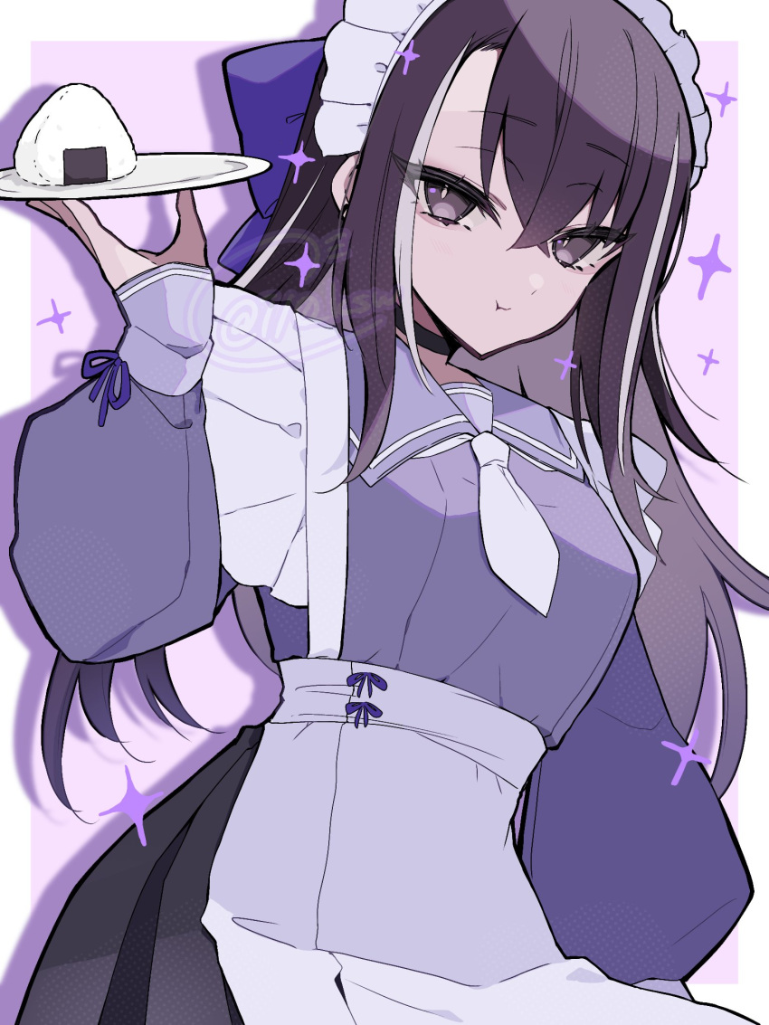 1girl, adapted_costume, apron, black_hair, black_skirt, bow, breasts, brown_eyes