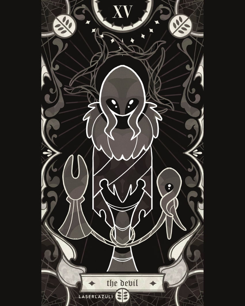 absurdres, antennae, artist_name, black_skin, card_(medium), cloak, colored_skin, crest_(hollow_knight), english_text, full_body, greyroot_(hollow_knight), highres, hollow_knight, hollow_knight:_silksong, horned_mask, hornet_(hollow_knight), laserlazuli, looking_at_viewer, mask, pillarboxed, silk, solo, spider_web, tarot, tarot_(medium), tentacles, the_devil_(tarot)