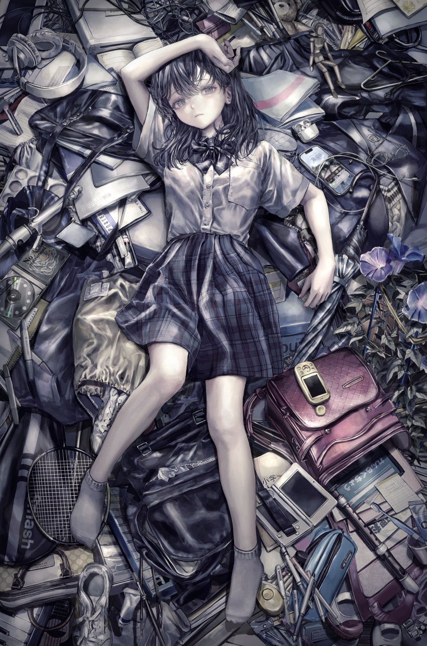 1girl, absurdres, arm_up, backpack, bag, black_hair, blue_skirt, bow