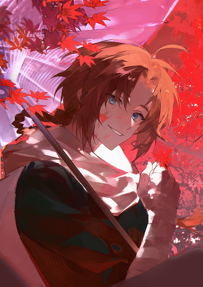 1boy, absurdres, ahoge, blood, blood_on_face, blue_eyes, braid, branch