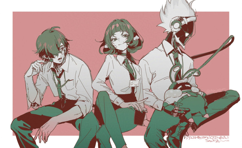 1girl, 1other, 2boys, animal_ears, bangboo_(zenless_zone_zero), billy_kid, black_hair, black_necktie