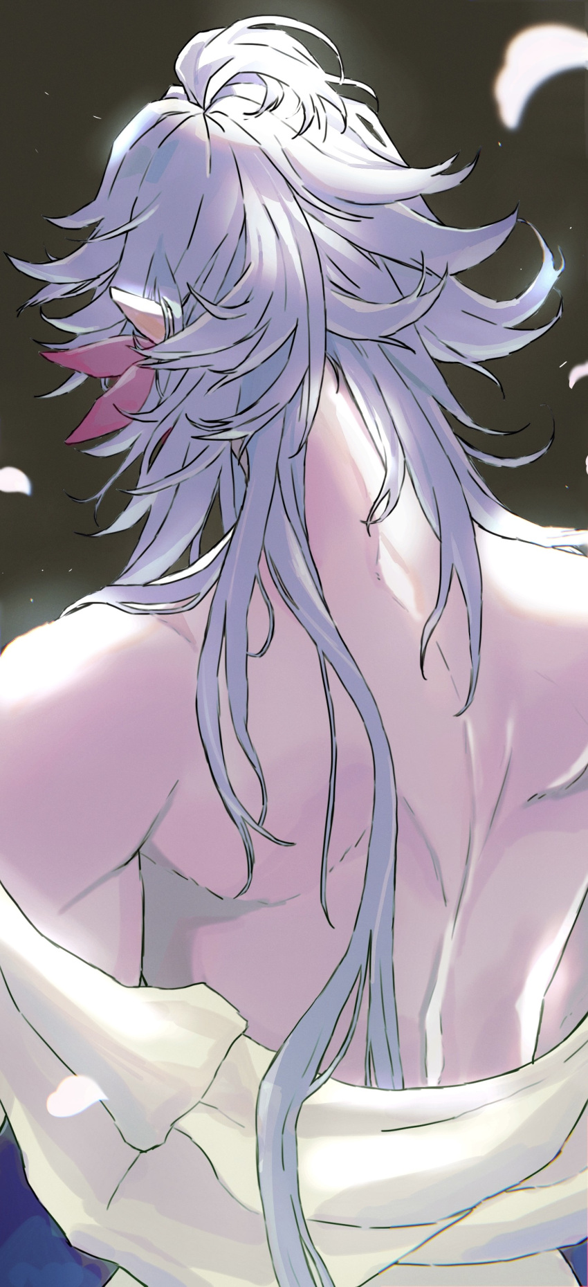 1boy, absurdres, back, back_focus, falling_petals, fate/grand_order, fate_(series), from_behind