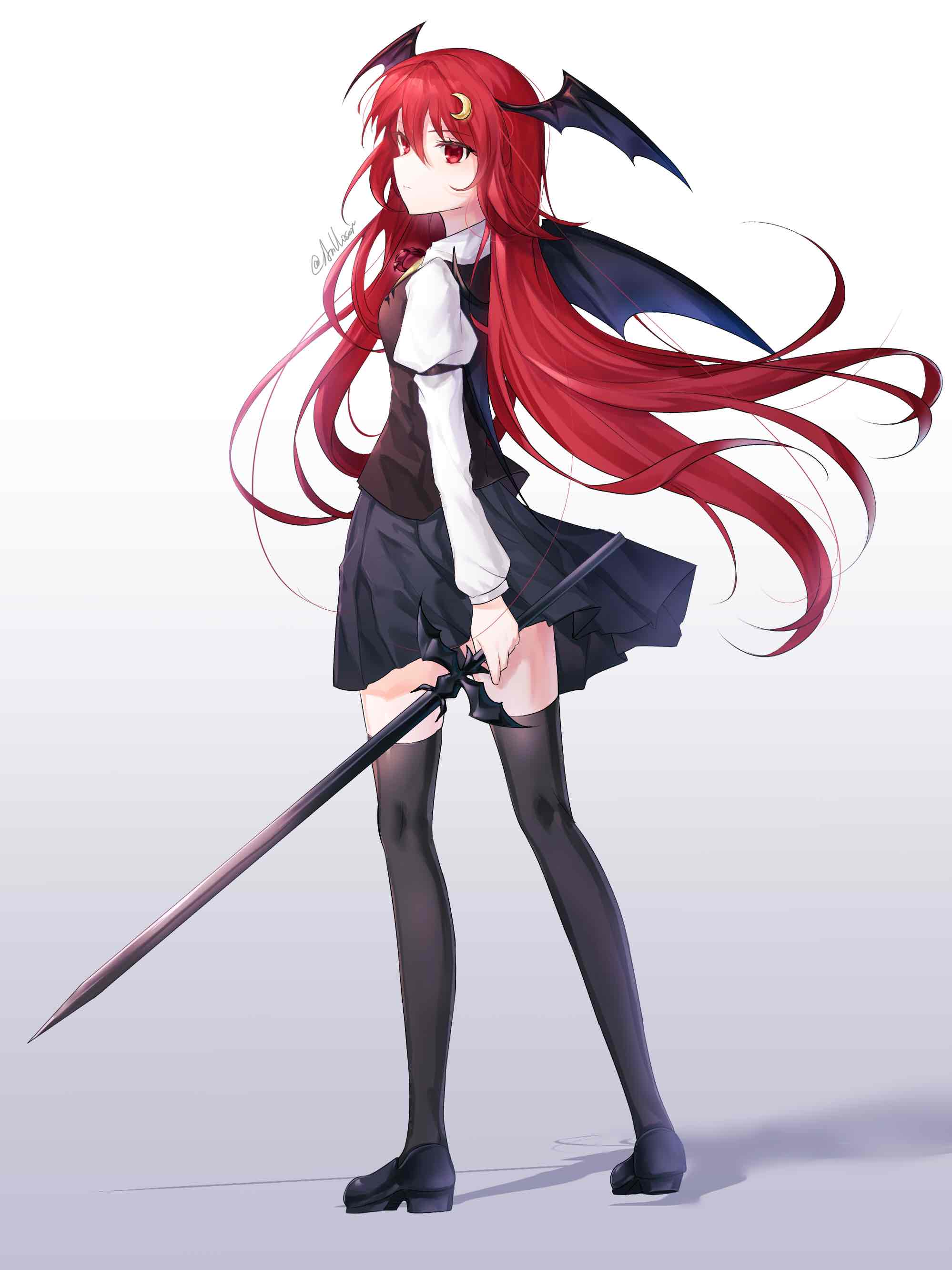 1girl, absurdres, anllouser, bat_wings, black_shoes, black_skirt, black_thighhighs, black_vest, breasts, commentary, crescent, crescent_hair_ornament, demon_girl, floating_hair, full_body, hair_ornament, head_wings, highres, holding, holding_sword, holding_weapon, juliet_sleeves, kneepits, koakuma, long_hair, long_sleeves, looking_to_the_side, puffy_sleeves, red_eyes, red_hair, shadow, shirt, shoes, skirt, small_breasts, solo, straight_hair, sword, symbol-only_commentary, thigh-highs, touhou, twitter_username, very_long_hair, vest, weapon, white_shirt, wings, zettai_ryouiki