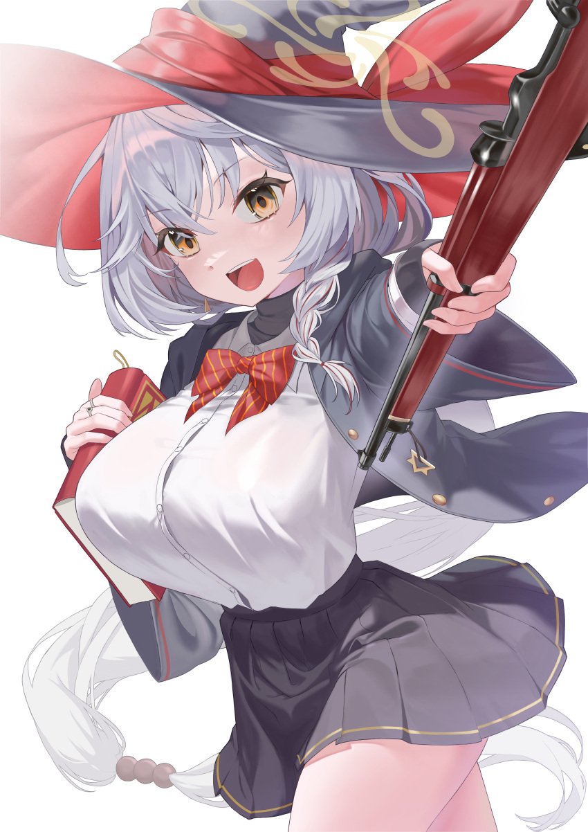 1girl, absurdres, black_hat, black_jacket, black_skirt, blue_archive, bolt_action, book