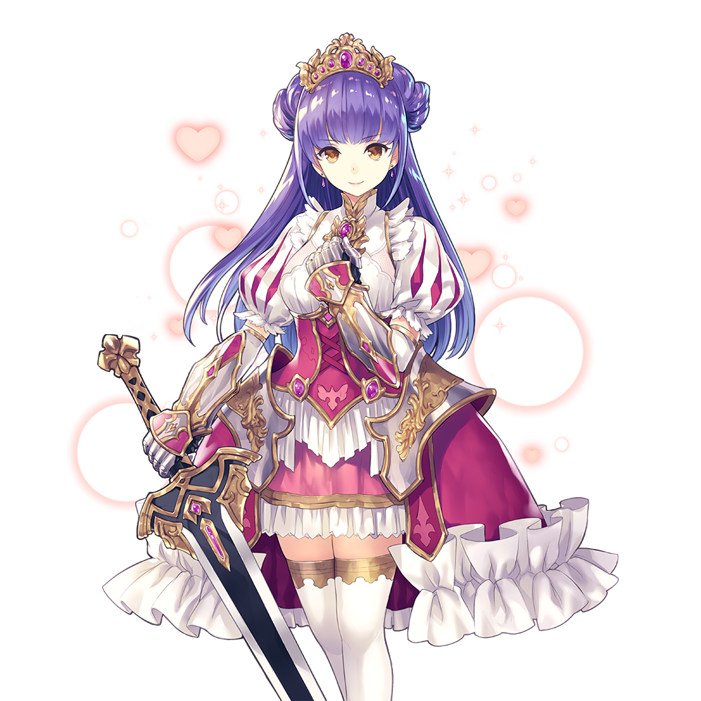 1girl, armor, armored_dress, arne_q_klose, blunt_bangs, closed_mouth, double_bun, dress, earrings, frilled_dress, frills, gauntlets, gold_tiara, hair_bun, holding, holding_sword, holding_weapon, jewelry, long_hair, puffy_short_sleeves, puffy_sleeves, purple_hair, short_sleeves, sword, thigh-highs, uchi_no_hime-sama_ga_ichiban_kawaii, weapon, white_thighhighs, yellow_eyes