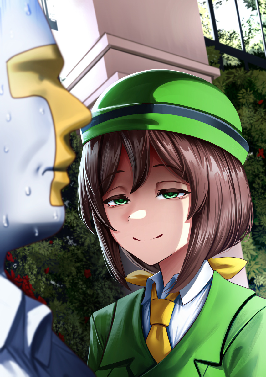 1boy, 1girl, absurdres, bowler_hat, brown_hair, bush, but_you_can't_prove_it_(meme), buttons