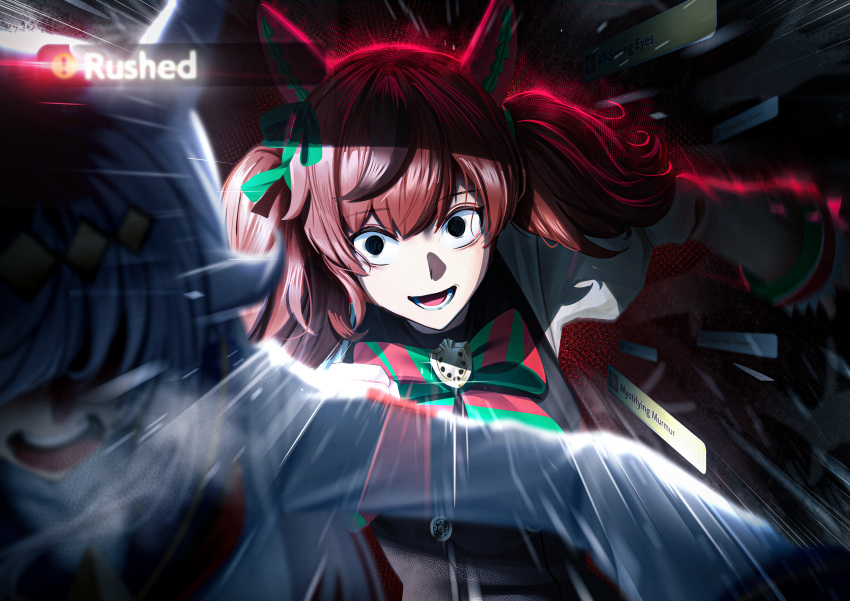 2girls, absurdres, animal_ears, black_dress, black_streaks, bow, bowtie, brown_hair, commentary_request, diagonal-striped_bow, diagonal-striped_bowtie, diagonal-striped_clothes, dress, emphasis_lines, empty_eyes, evil_smile, gameplay_ability, gameplay_mechanics, green_bow, green_bowtie, grey_hair, grey_shirt, highres, horse_ears, horse_girl, manjo_(warito), motion_blur, motion_lines, multiple_girls, nice_nature_(poinsettia_ribbon)_(umamusume), nice_nature_(umamusume), oguri_cap_(starlight_beat)_(umamusume), oguri_cap_(umamusume), open_mouth, shirt, smile, solo_focus, striped_bow, striped_bowtie, striped_clothes, twintails, umamusume, white_shirt, wide-eyed