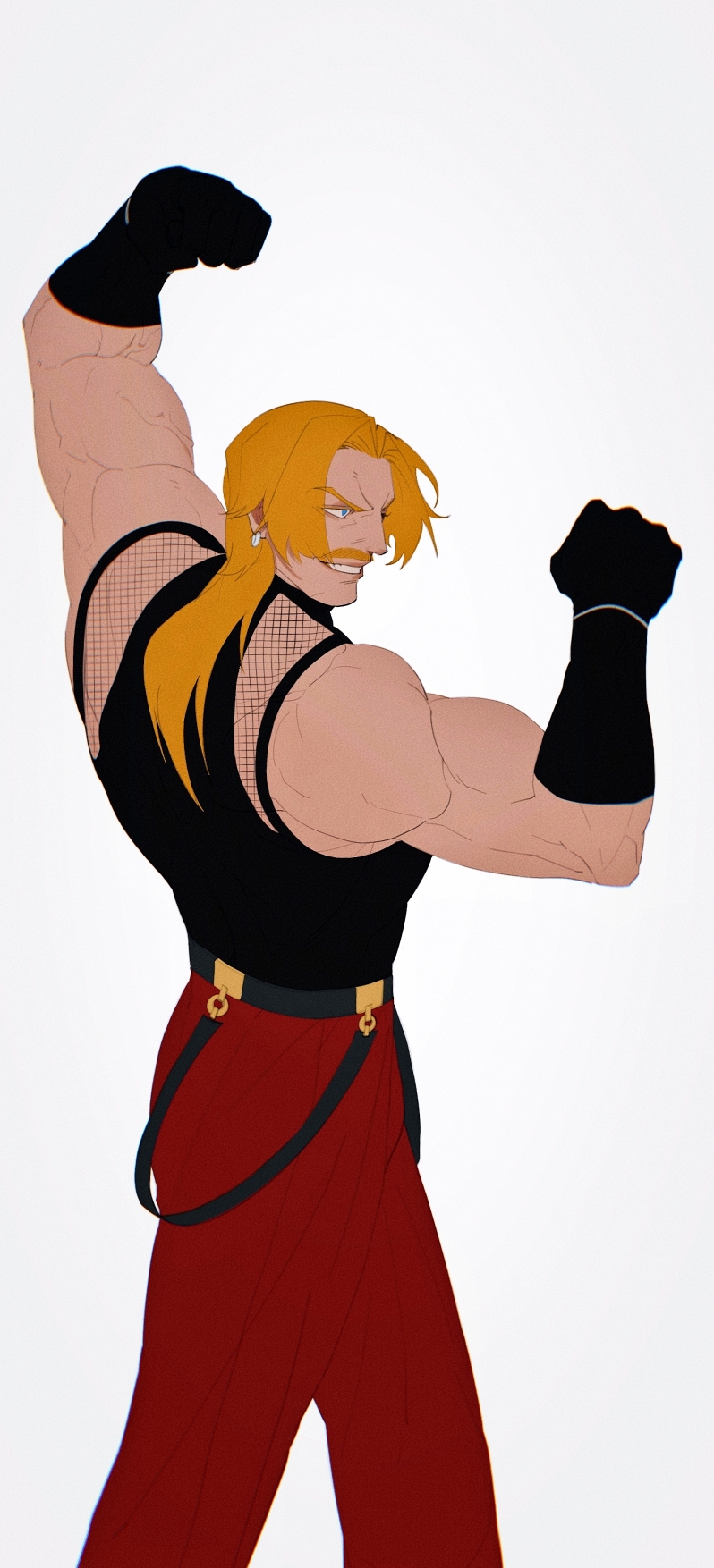 1boy, belt, black_belt, black_gloves, black_shirt, blonde_hair, blue_eyes, earrings