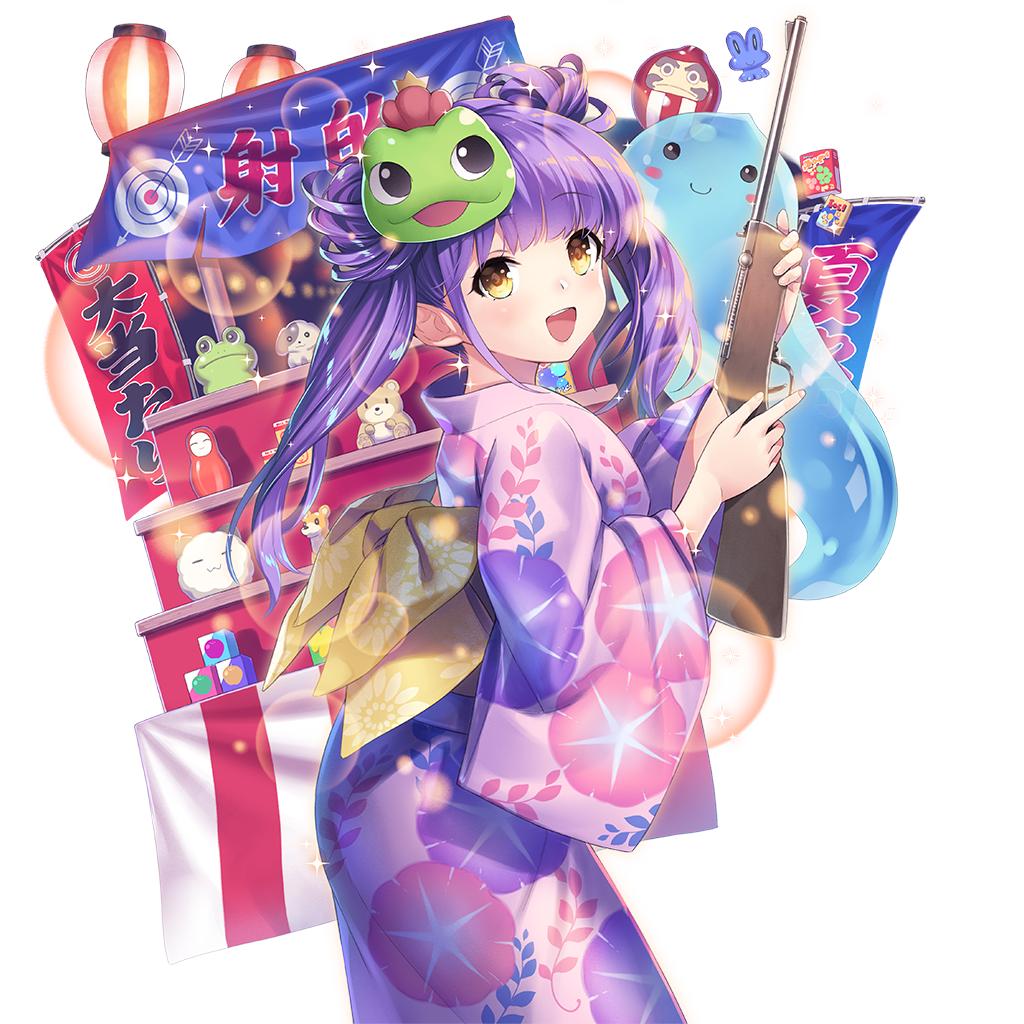 1girl, amputee, arne_q_klose, blunt_bangs, character_mask, double_bun, festival, gun