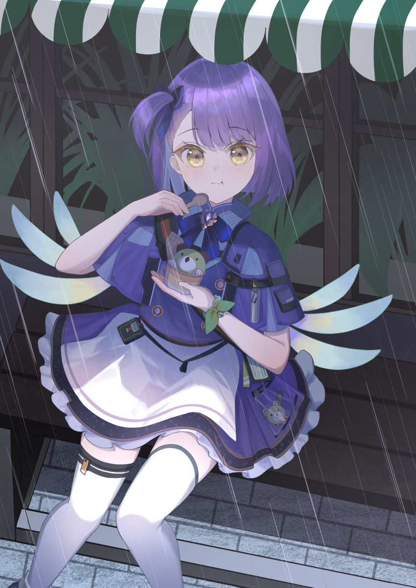 1girl, :t, absurdres, arknights, bench, commentary, cup, detached_wings