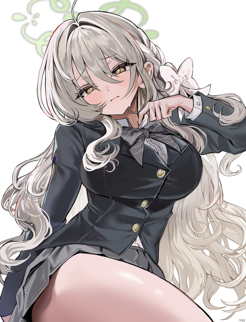 1girl, absurdres, black_jacket, blazer, blue_archive, bow, bowtie, breasts