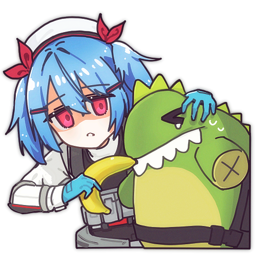 1boy, 1girl, banana, blue_gloves, blue_hair, colphne_(girls'_frontline_2), english_commentary, food