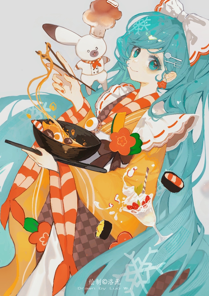 1girl, 1other, absurdly_long_hair, aqua_eyes, aqua_hair, artist_name, bow, chopsticks