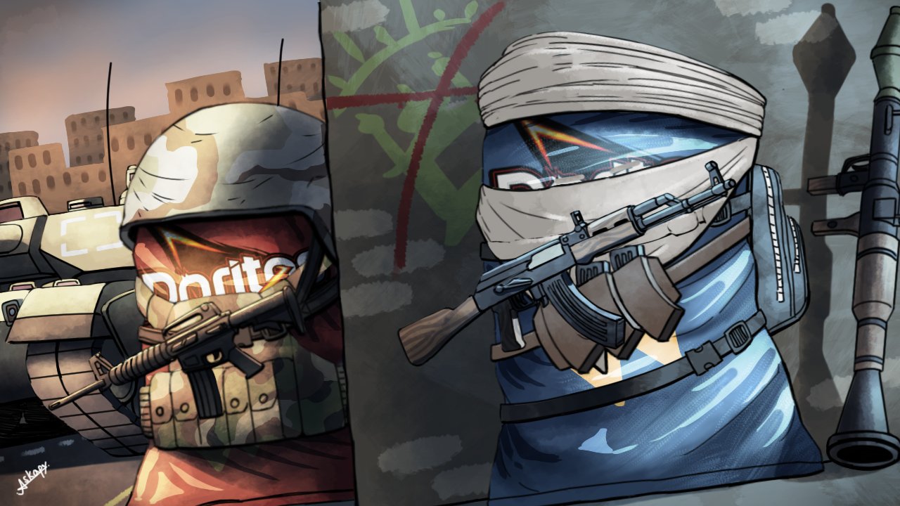ammunition_pouch, askapy, assault_rifle, backpack, bag, bag_of_chips, bandana, bulletproof_vest, combat_helmet, commentary, doritos, english_commentary, gun, headscarf, helmet, kalashnikov_rifle, m16, m1_abrams, magazine_(weapon), military_vehicle, motor_vehicle, no_humans, original, outdoors, pouch, rifle, rocket_launcher, rpg-7, rpg_(weapon), tank, weapon, white_bandana, white_headscarf