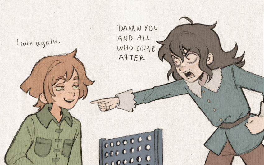 1boy, 1girl, abaddon_(haunted_hotel), abaddon_(human)_(haunted_hotel), blue_coat, brown_eyes, brown_hair, child, coat, connect_four, derivative_work, english_commentary, english_text, esther_freeling, freckles, green_coat, haunted_hotel, highres, long_hair, looking_at_another, pointing, pointing_at_another, red_eyes, screenshot_redraw, short_hair, simple_background, szivarvanyturmix02