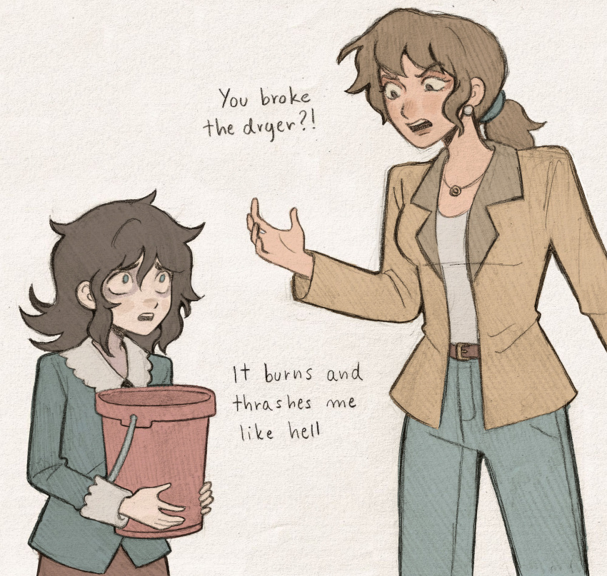 1boy, 1girl, abaddon_(haunted_hotel), abaddon_(human)_(haunted_hotel), bags_under_eyes, blue_coat, blue_eyes, brown_eyes