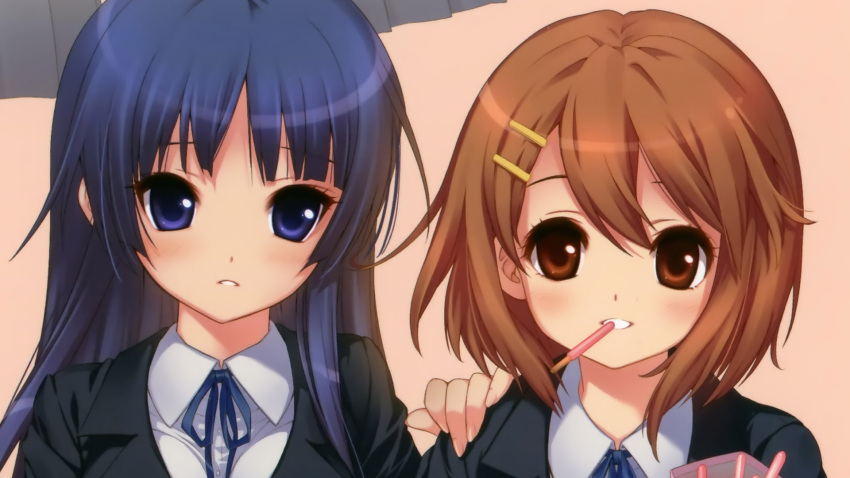 akiyama_mio, black_eyes, black_hair, blue_hair, blush, brown_hair, cover, dmyo