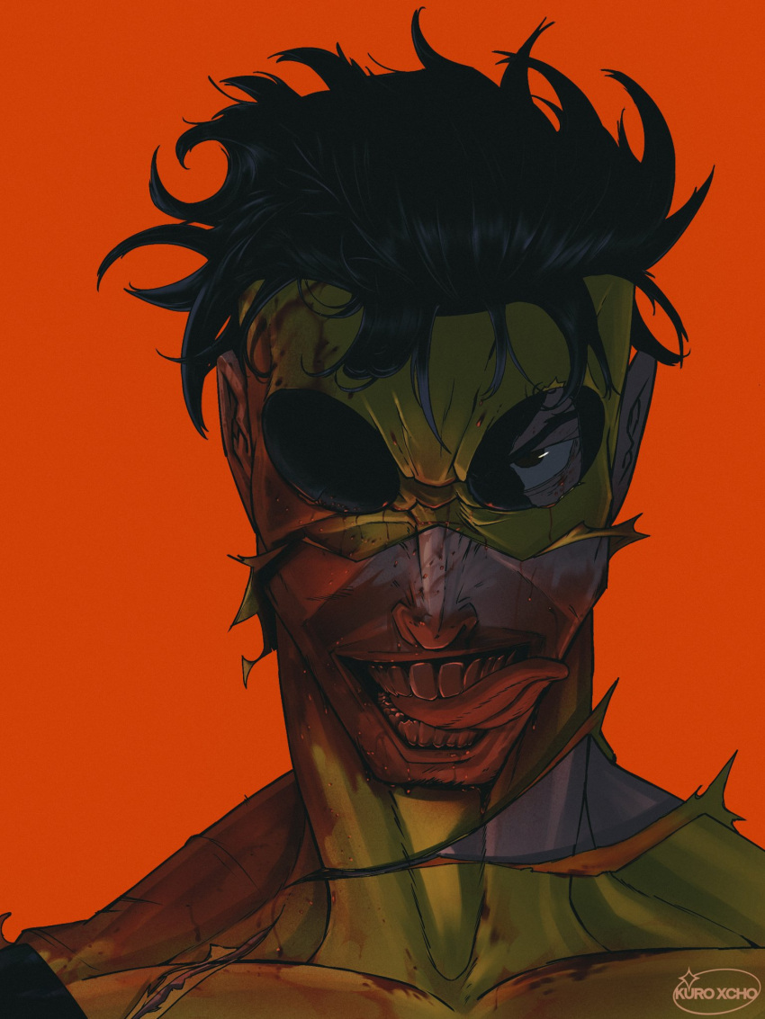 1boy, artist_logo, artist_name, black_hair, blood, blood_drip, blood_on_face, bodysuit