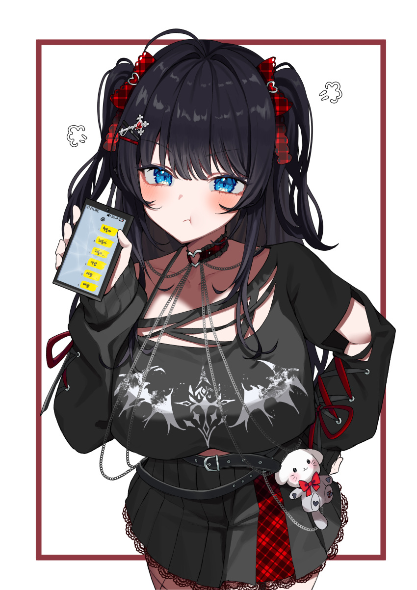 1girl, :t, absurdres, ahoge, belt, belt_pouch, black_belt, black_choker