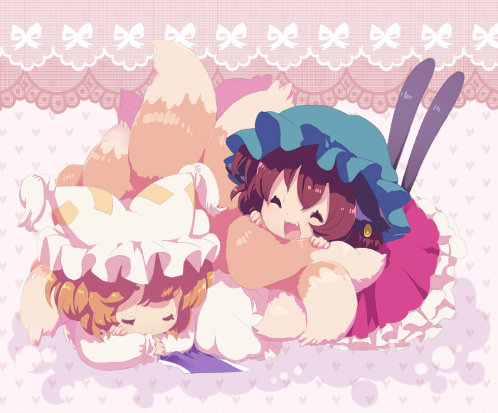 animal_ears, blonde_hair, brown_hair, cat_ears, cat_tail, chen, chibi, closed_eyes
