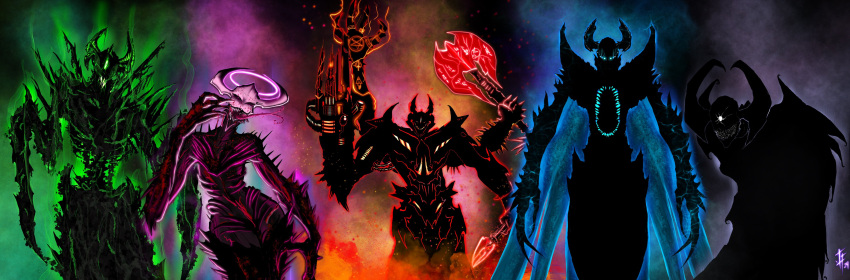 2girls, 3boys, absurdres, armor, artist_logo, artist_name, axe, battle_axe