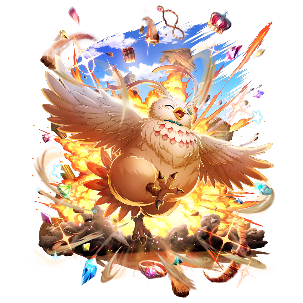 1other, ^_^, aqua_gemstone, artist_request, blue_collar, blue_gemstone, blue_sky, claw_up, closed_eyes, clouds, cloudy_sky, collar, crown, day, explosion, explosion_background, filo_(filolial_form)_(tate_no_yuusha_no_nariagari), filo_(tate_no_yuusha_no_nariagari), filolial, full_body, game_cg, gem, green_gemstone, jewelry, necklace, no_humans, official_art, open_mouth, outdoors, pink_gemstone, purple_gemstone, ring, running, simple_background, sky, solo, sparkle, star_(symbol), tate_no_yuusha_no_nariagari, tate_no_yuusha_no_nariagari_rerise, transparent_background, wing_hairpin, yellow_gemstone