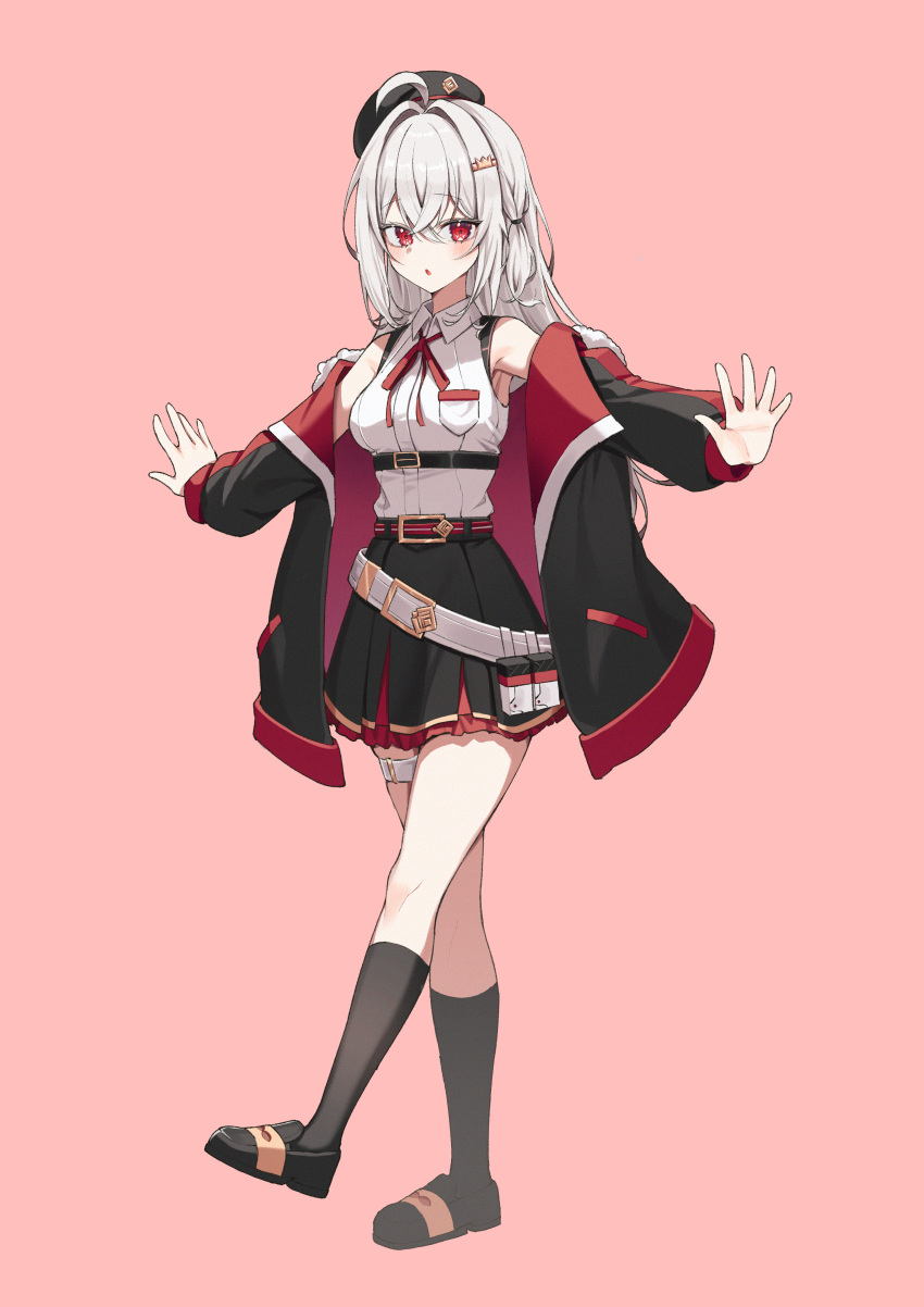 1girl, absurdres, ahoge, belt, black_belt, black_hat, black_jacket, black_shoes