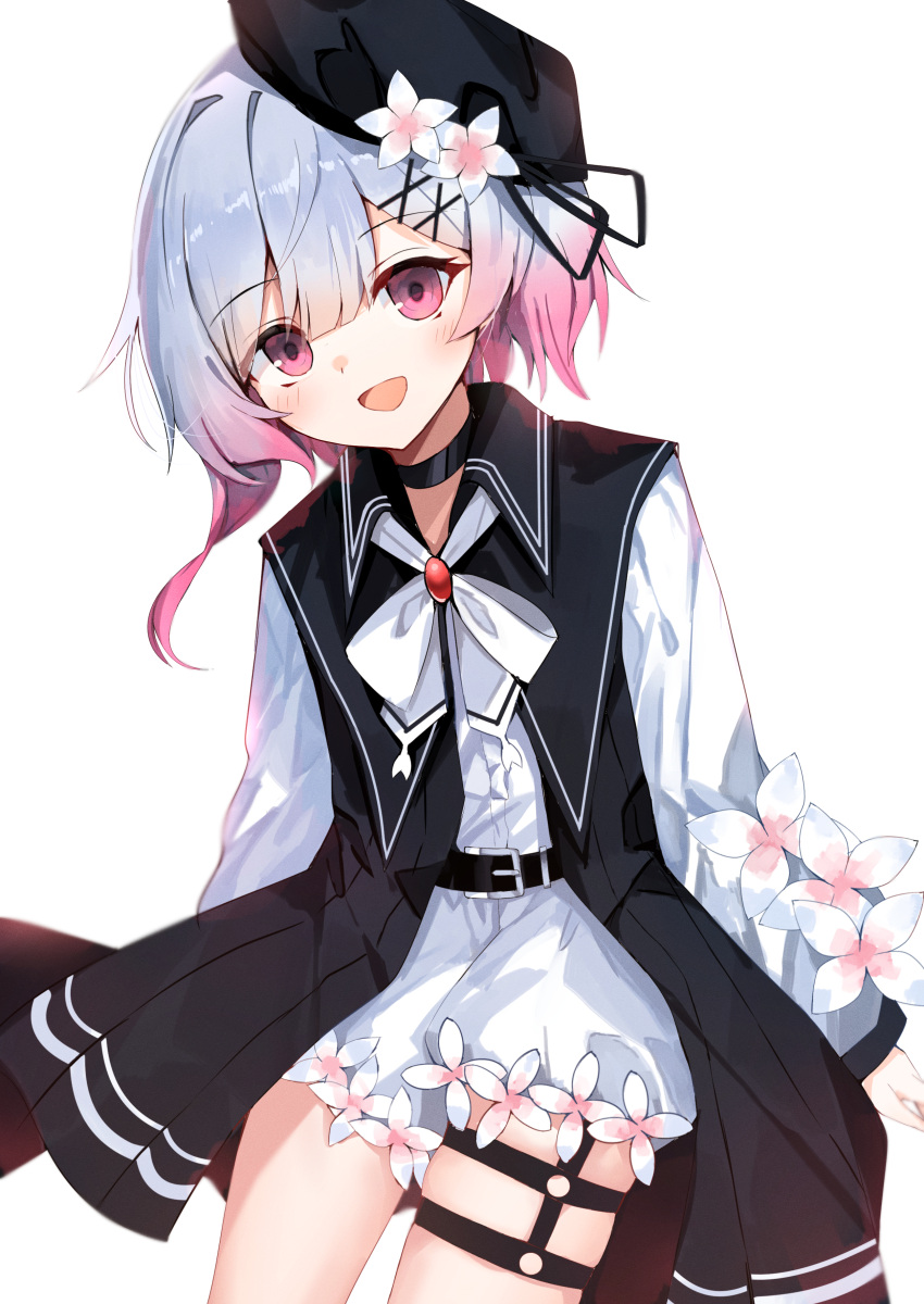 1girl, :d, absurdres, black_choker, blue_hair, choker, cowboy_shot, flower