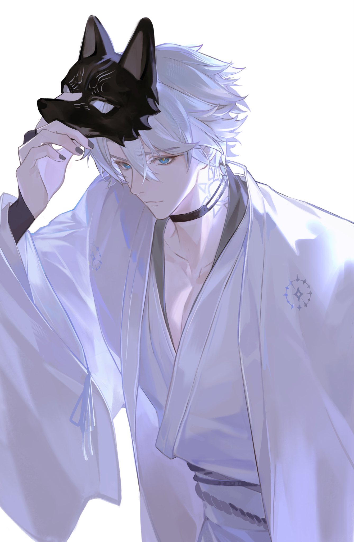 1boy, black_choker, blue_eyes, choker, closed_mouth, collarbone, fox_mask, haori, highres, holding, holding_mask, honkai:_star_rail, honkai_(series), japanese_clothes, kimono, looking_at_viewer, male_focus, mask, neck_tattoo, pectoral_cleavage, pectorals, phainon_(honkai:_star_rail), sheunsnzh, simple_background, solo, sun_symbol, sun_tattoo, tattoo, upper_body, white_background, white_haori, white_kimono, wide_sleeves, yellow_pupils