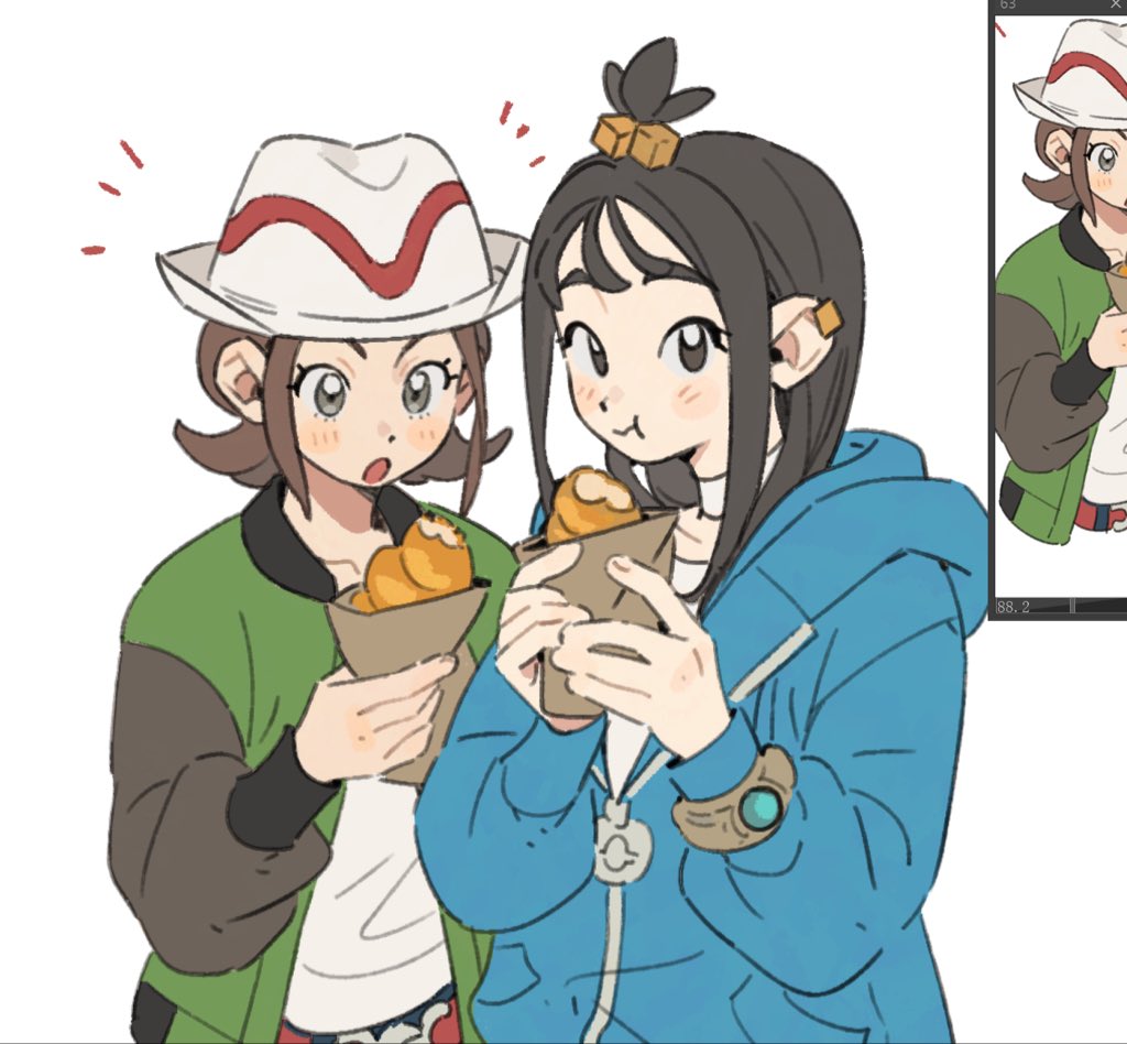 2girls, baguette, belt, black_hair, blue_hoodie, blush, bread, breasts