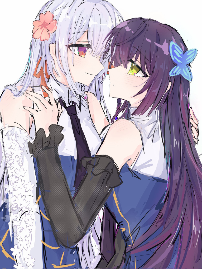 2girls, assault_lily, bare_shoulders, black_necktie, blue_shirt, blush, bukejie, butterfly_hair_ornament