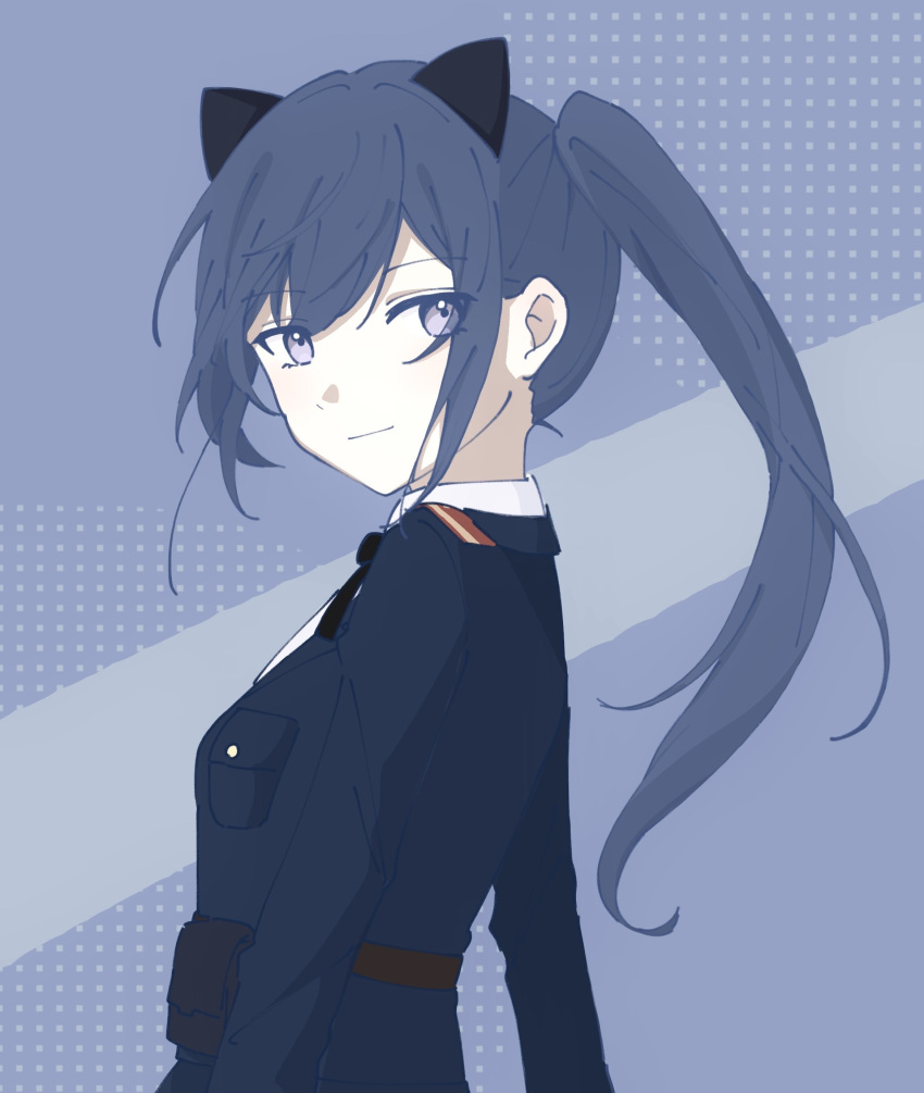 1girl, absurdres, animal_ears, antares_(alxy13d), arms_at_sides, assault_lily, belt, belt_pouch, black_ribbon, blue_background, blue_hair, blue_jacket, breast_pocket, brown_belt, cat_ears, chinese_commentary, closed_mouth, collared_shirt, commentary_request, fake_animal_ears, from_side, grey_background, high_belt, high_side_ponytail, highres, ishikawa_aoi, jacket, light_smile, long_hair, long_sleeves, looking_at_viewer, looking_to_the_side, neck_ribbon, pocket, pouch, ribbon, school_uniform, shirt, solo, symbol-shaped_pupils, two-tone_background, upper_body, white_shirt