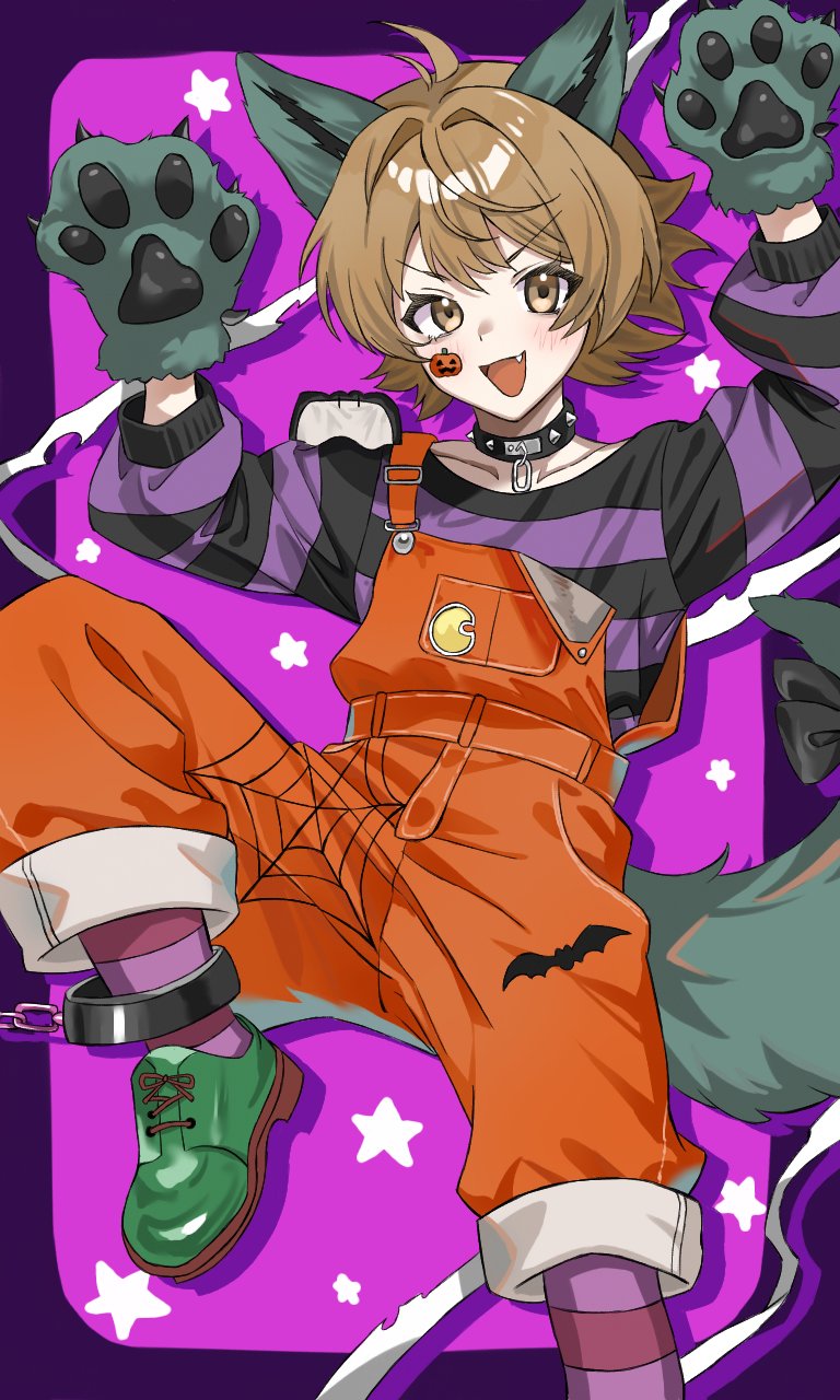 1girl, animal_ears, animal_hands, animal_print, bat_background, bat_print, brown_eyes, brown_hair