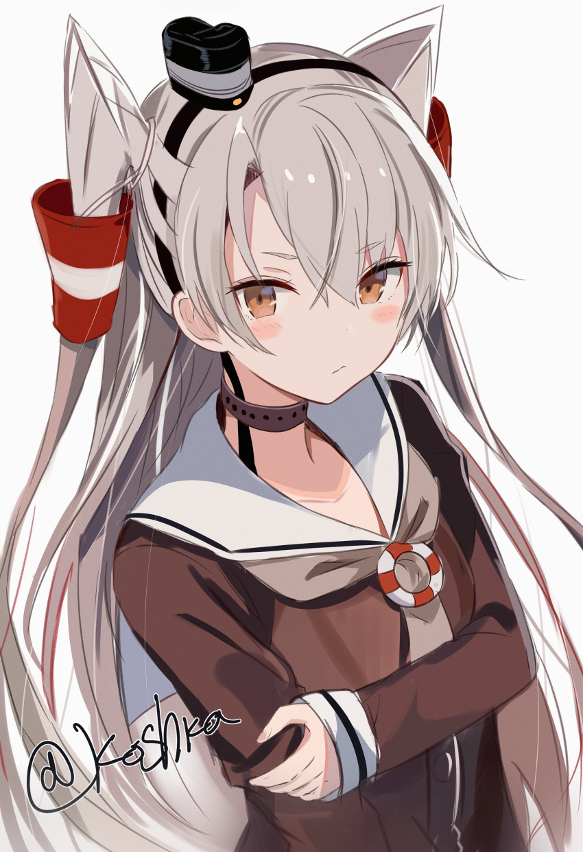 1girl, absurdres, amatsukaze_(kancolle), brown_dress, brown_eyes, choker, crossed_arms, dress