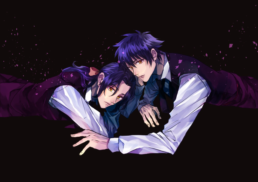 2boys, black_background, brothers, collared_shirt, d.gray-man, dress_shirt, falling_petals, hair_between_eyes