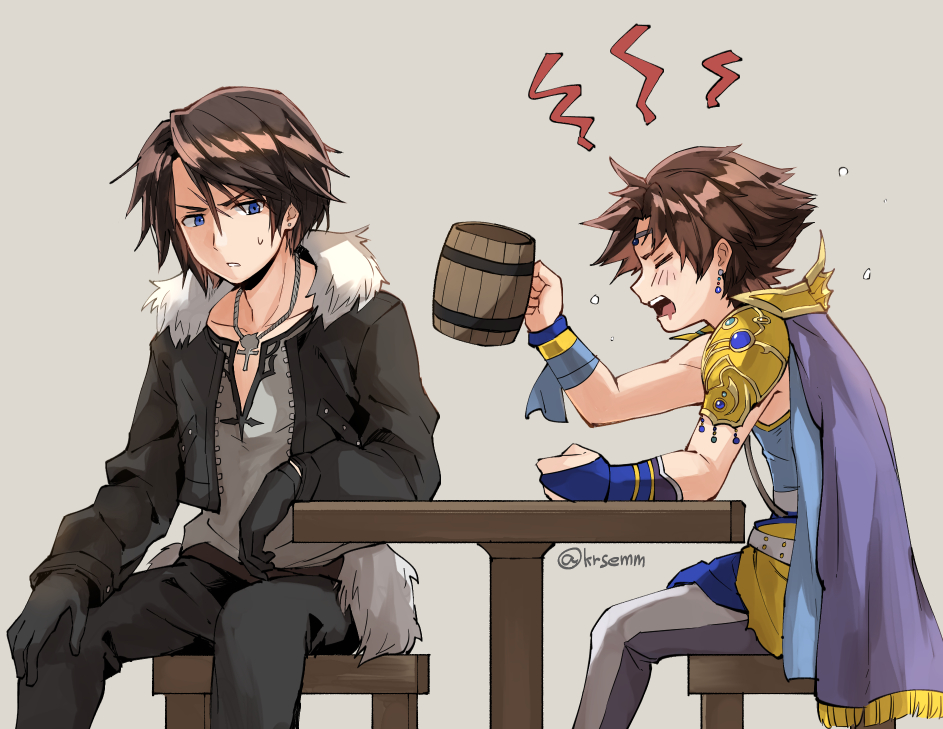 2boys, armor, bartz_klauser, beer_mug, black_gloves, black_jacket, black_pants, blue_eyes