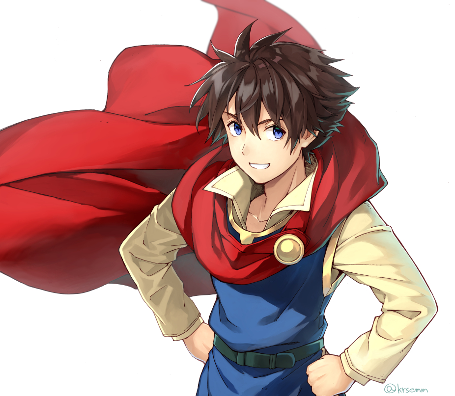 1boy, bartz_klauser, blue_eyes, blue_tunic, brooch, brown_hair, cloak, collared_shirt