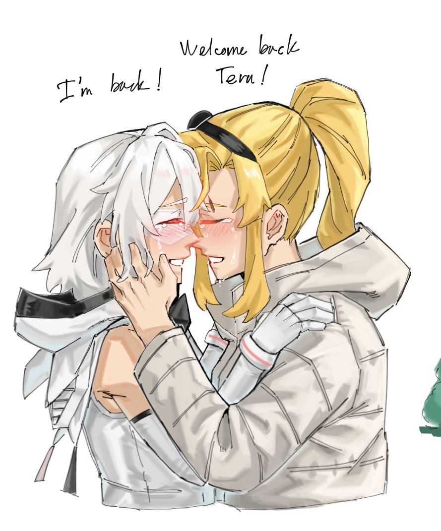 2girls, blonde_hair, closed_eyes, commentary, english_text, gloves, gmeg011, grey_jacket
