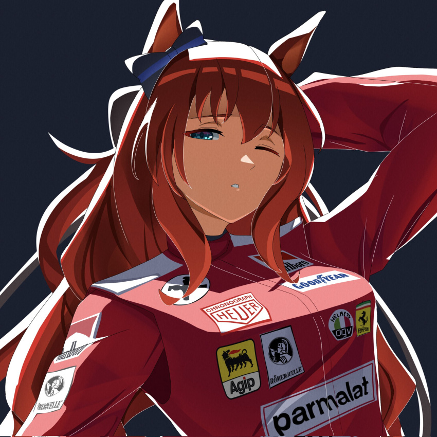 1girl, ad, animal_ears, blue_eyes, bow, breasts, brown_hair, ear_bow