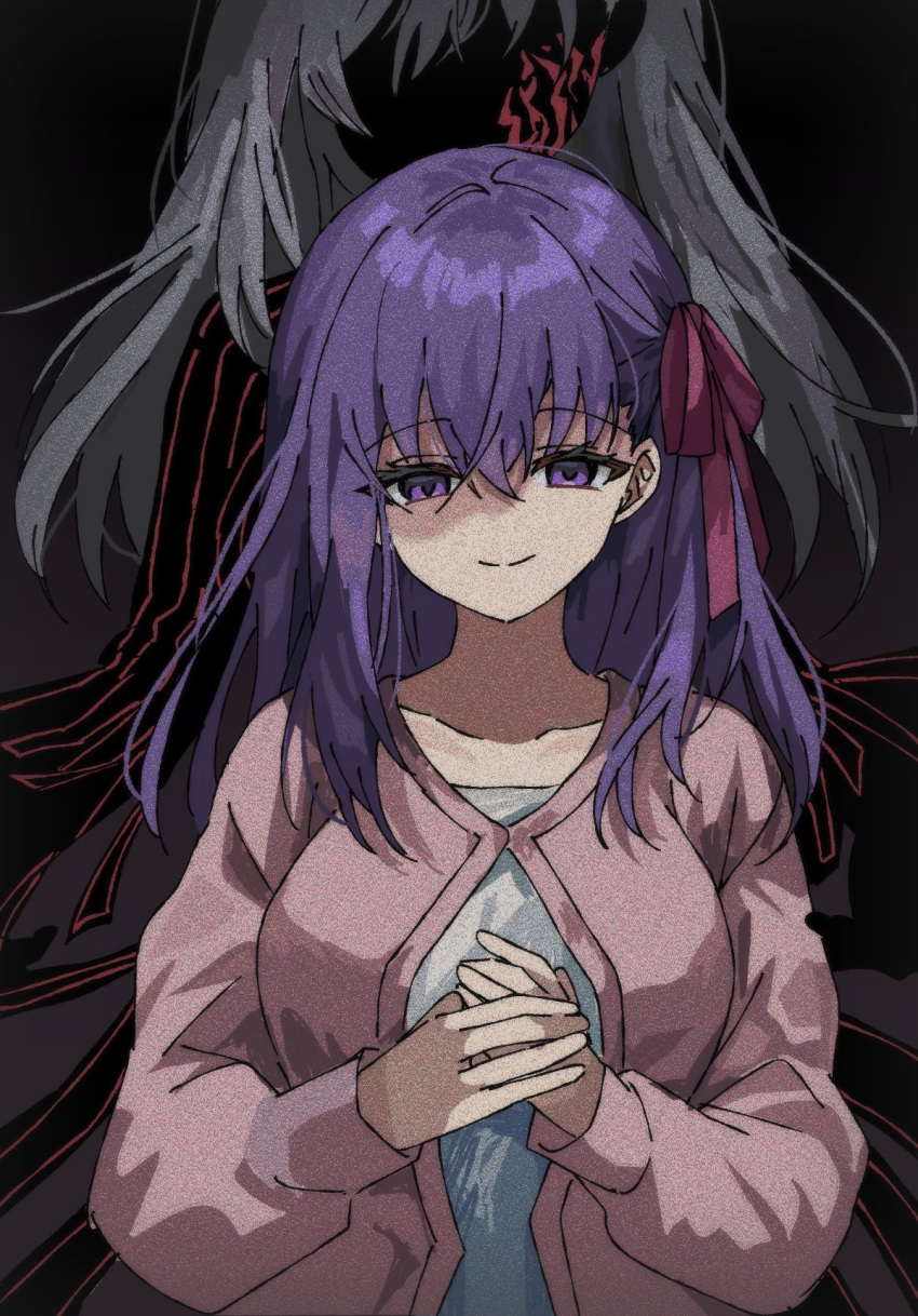 1girl, black_background, body_markings, corruption, dark_persona, dark_sakura, dress, fate/stay_night