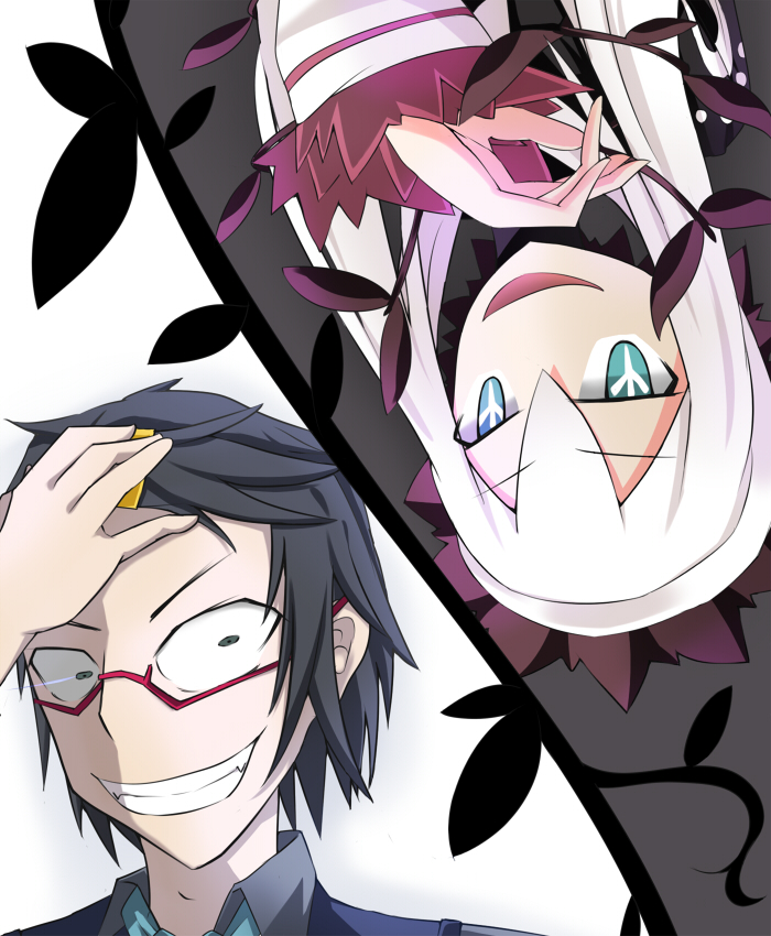 black_hair, blue_eyes, crazy_eyes, glasses, grin, ijima_ryouta, kd, mistelteinn