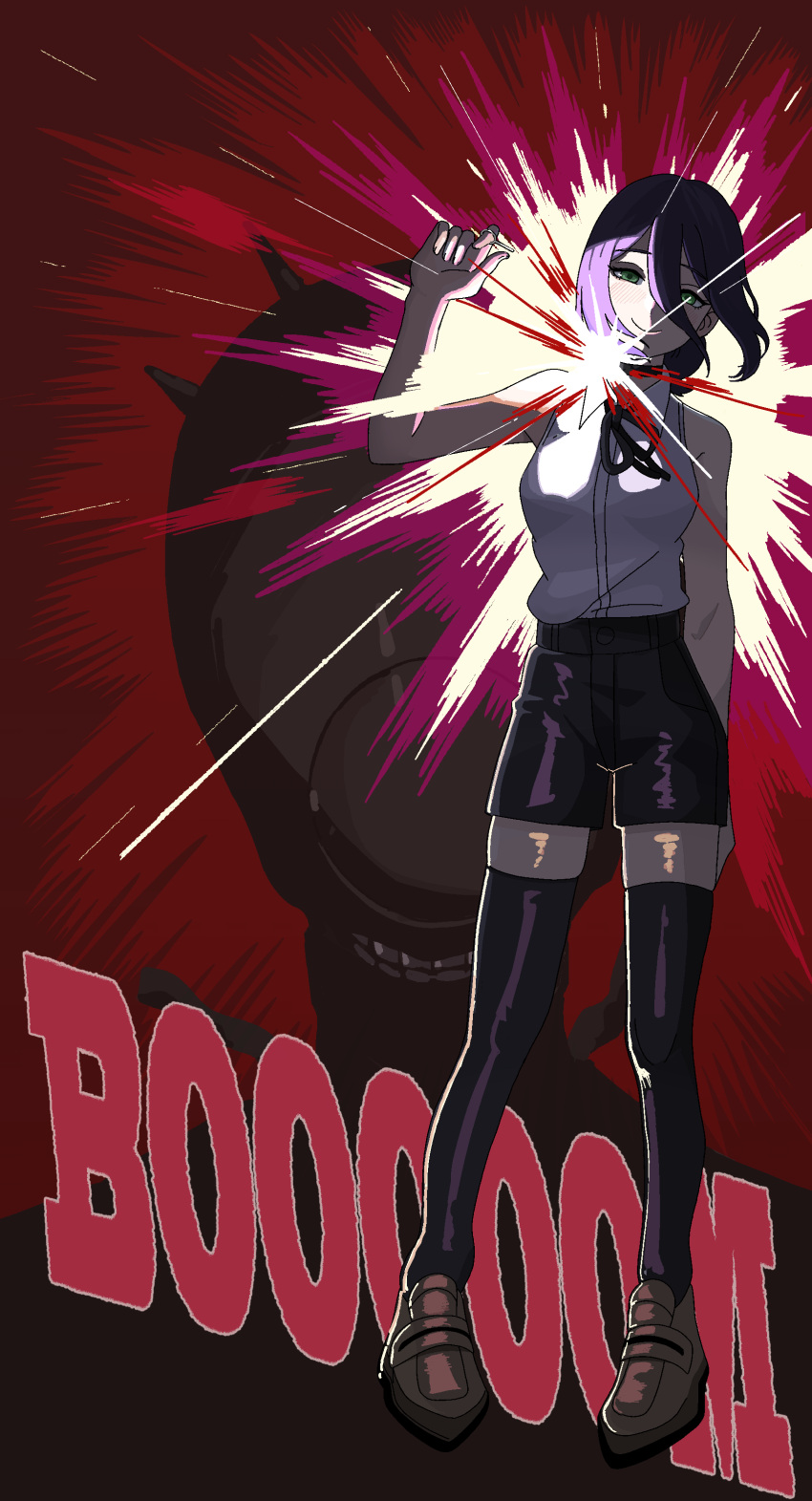 1girl, absurdres, black_ribbon, black_shorts, black_thighhighs, bomb_devil_(chainsaw_man), brown_shoes, chainsaw_man
