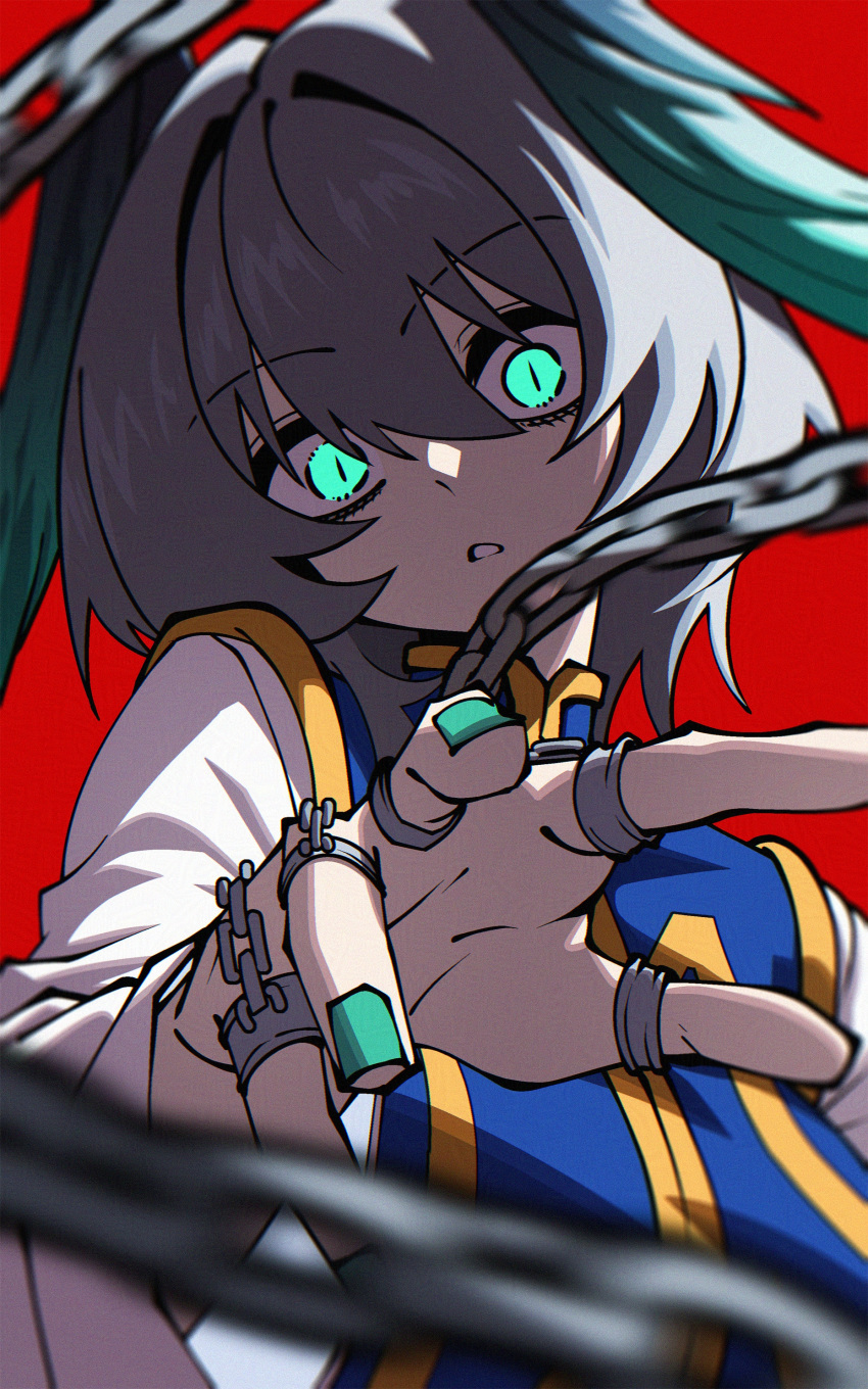 1girl, absurdres, aqua_eyes, aqua_nails, arknights, blue_tabard, chain, cosplay