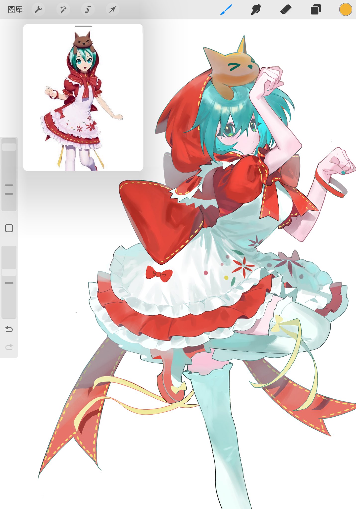 1girl, apron, aqua_hair, art_program_in_frame, back_bow, blue_nails, bow, bow_legwear