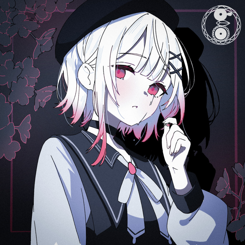 1girl, beret, black_choker, black_hat, choker, commentary, crying, crying_with_eyes_open