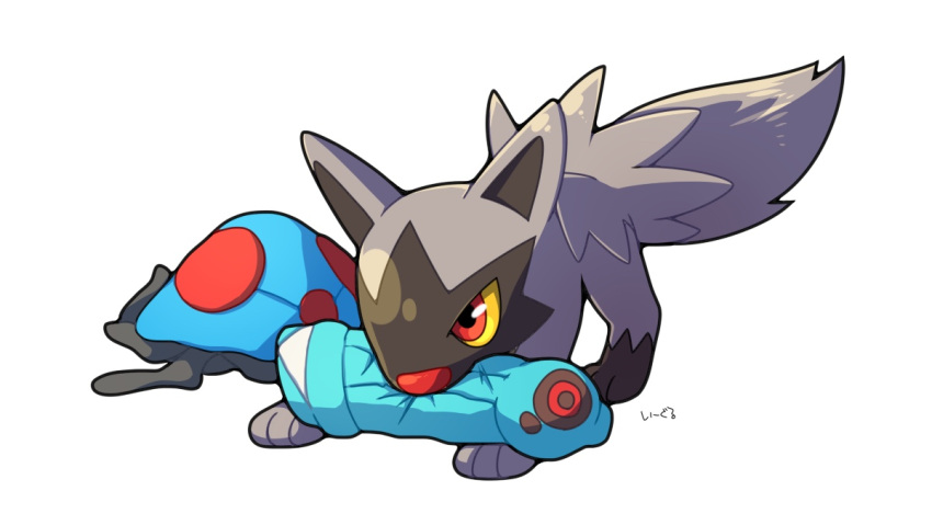 beldum, colored_sclera, dog, eagle_(pixiv8177028), full_body, mouth_hold, no_humans, pokemon, pokemon_(creature), poochyena, red_eyes, simple_background, solo, stuffed_toy, tentacruel, white_background, yellow_sclera