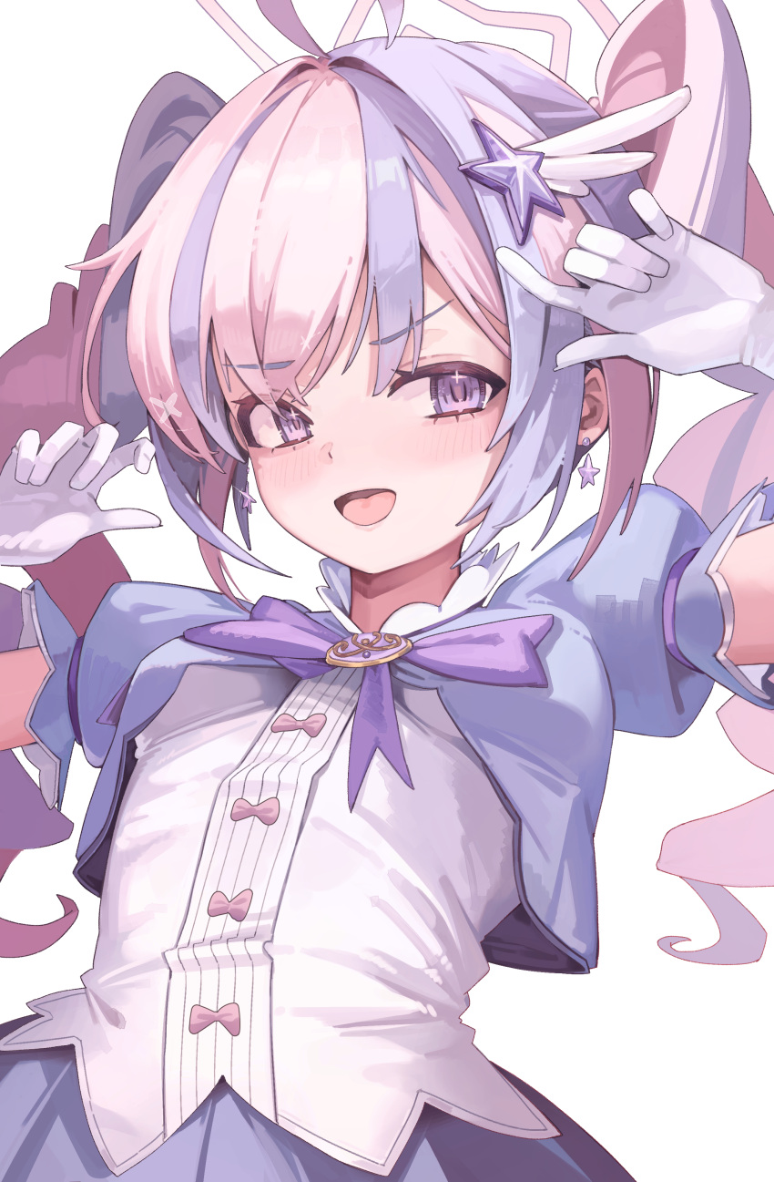 1girl, absurdres, blue_archive, breasts, commentary, dated_commentary, gloves, hair_ornament, highres, jun_daniell, magical_girl, multicolored_hair, official_alternate_costume, pink_hair, reisa_(blue_archive), reisa_(magical)_(blue_archive), simple_background, small_breasts, solo, star_(symbol), star_hair_ornament, twintails, violet_eyes, white_background, white_gloves